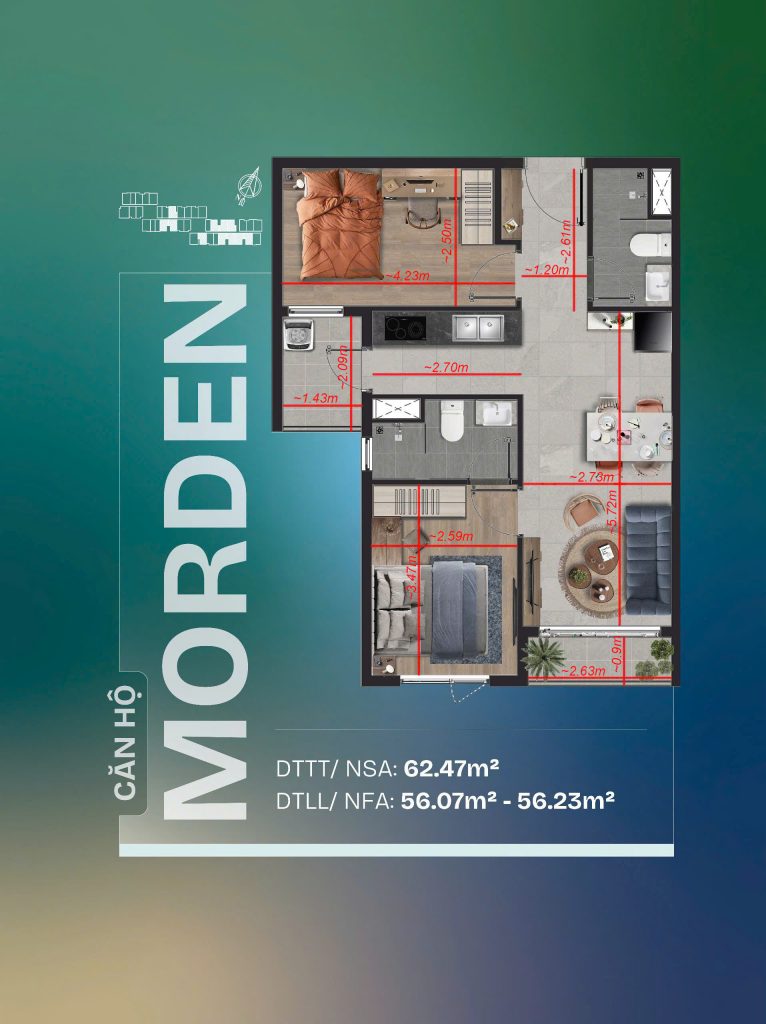 kích thước căn hộ 2pn dự án tt avio