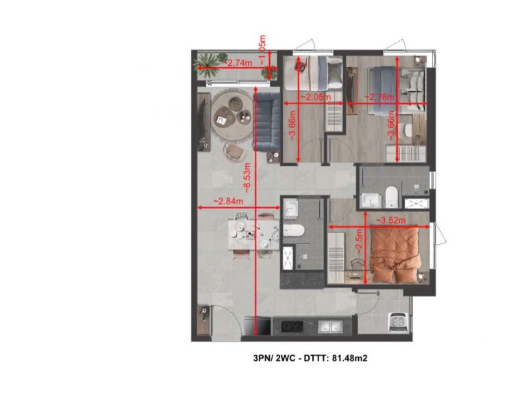 kích thước căn hộ 3pn dự án tt avio