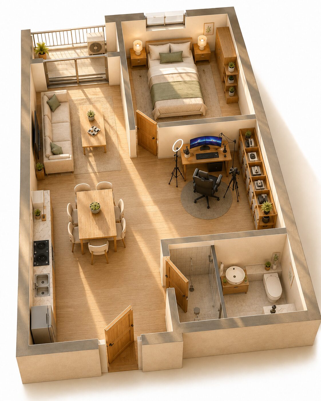 Mặt bằng bố trí căn 1PN+ 42,4 m2 dự án The Ori Space với phòng ngủ, phòng phụ và ban công