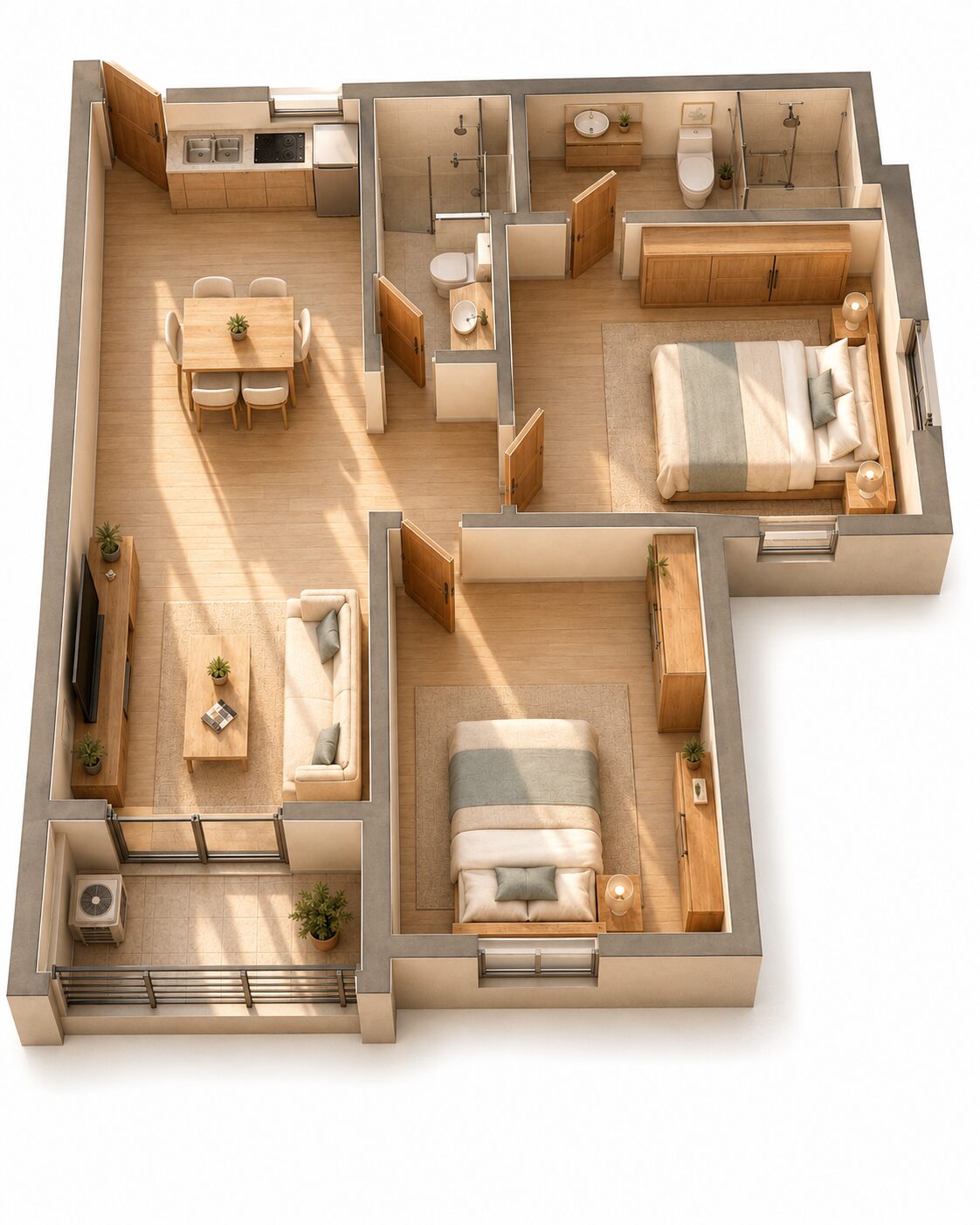 Mặt bằng bố trí căn 2PN hai nhà vệ sinh dự án The Ori Space, diện tích 49,8 đến 56,1 m2