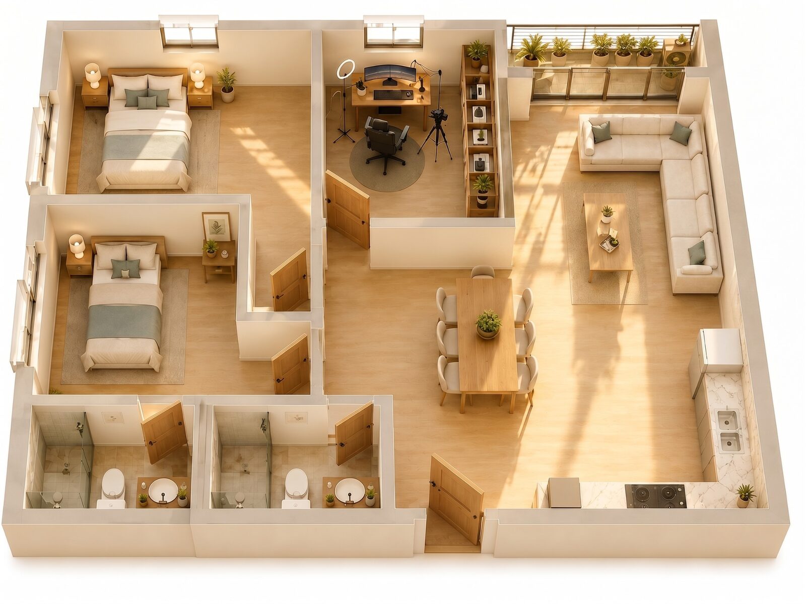 Mặt bằng bố trí căn 3PN 83 m2 dự án The Ori Space với ba phòng ngủ và hai nhà vệ sinh