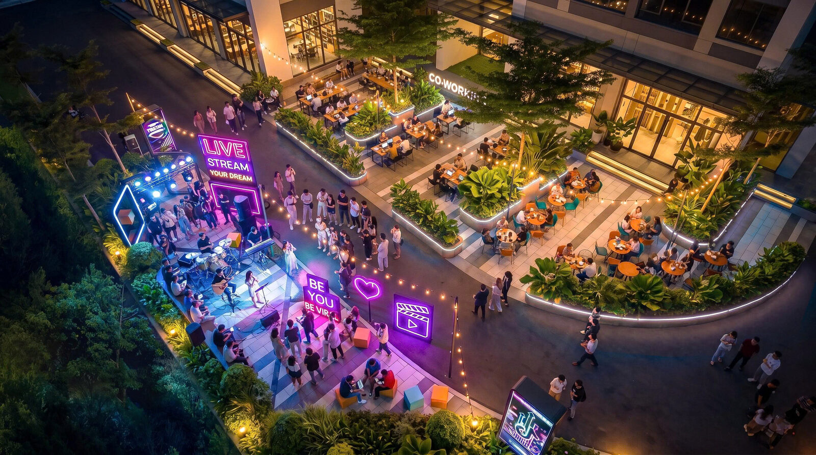 Khu livestream ngoài trời lên đèn buổi tối dành cho cư dân The Ori Space, Tây Ninh