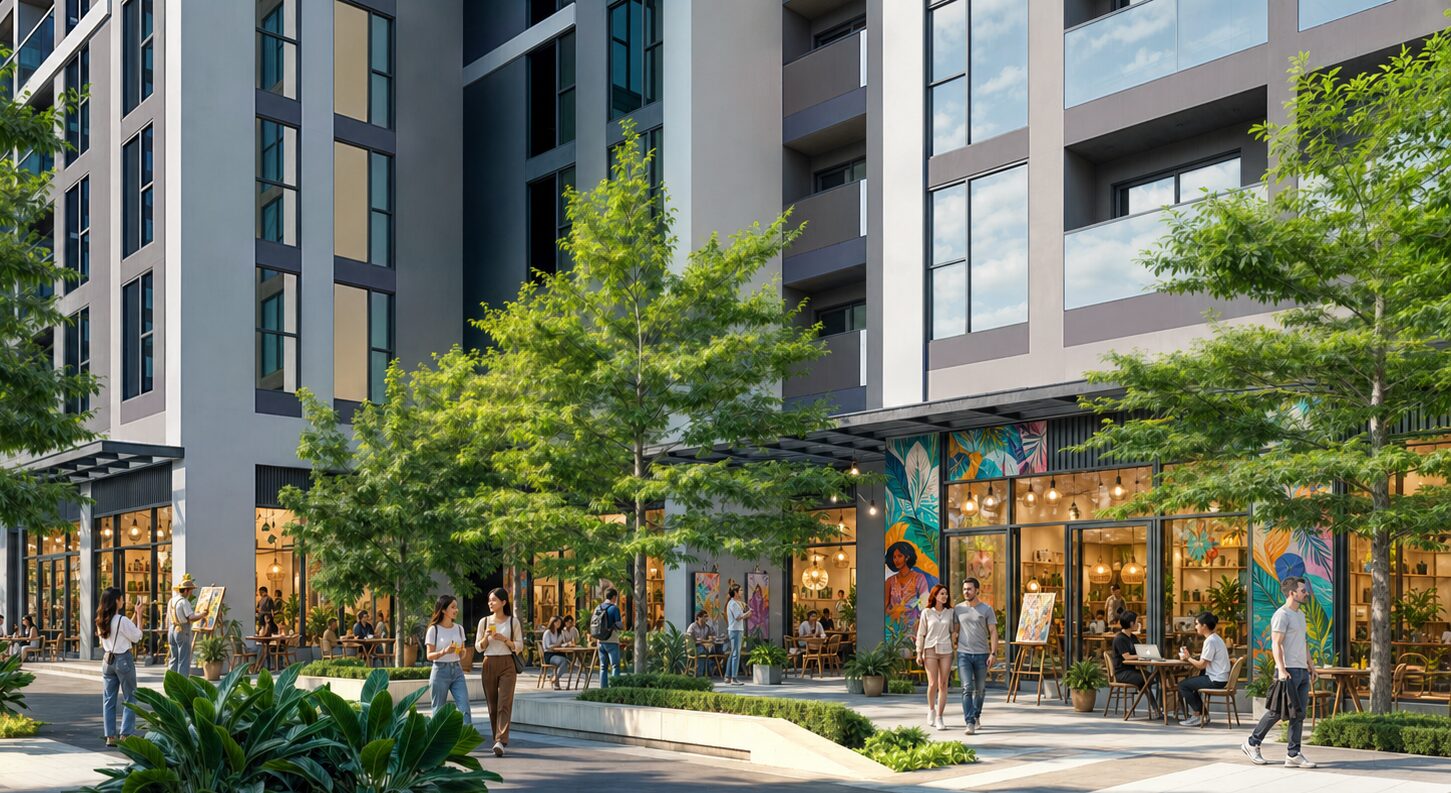 Khối shophouse chân đế trên tuyến phố thương mại dự án The Ori Space, Mỹ Hạnh, Tây Ninh