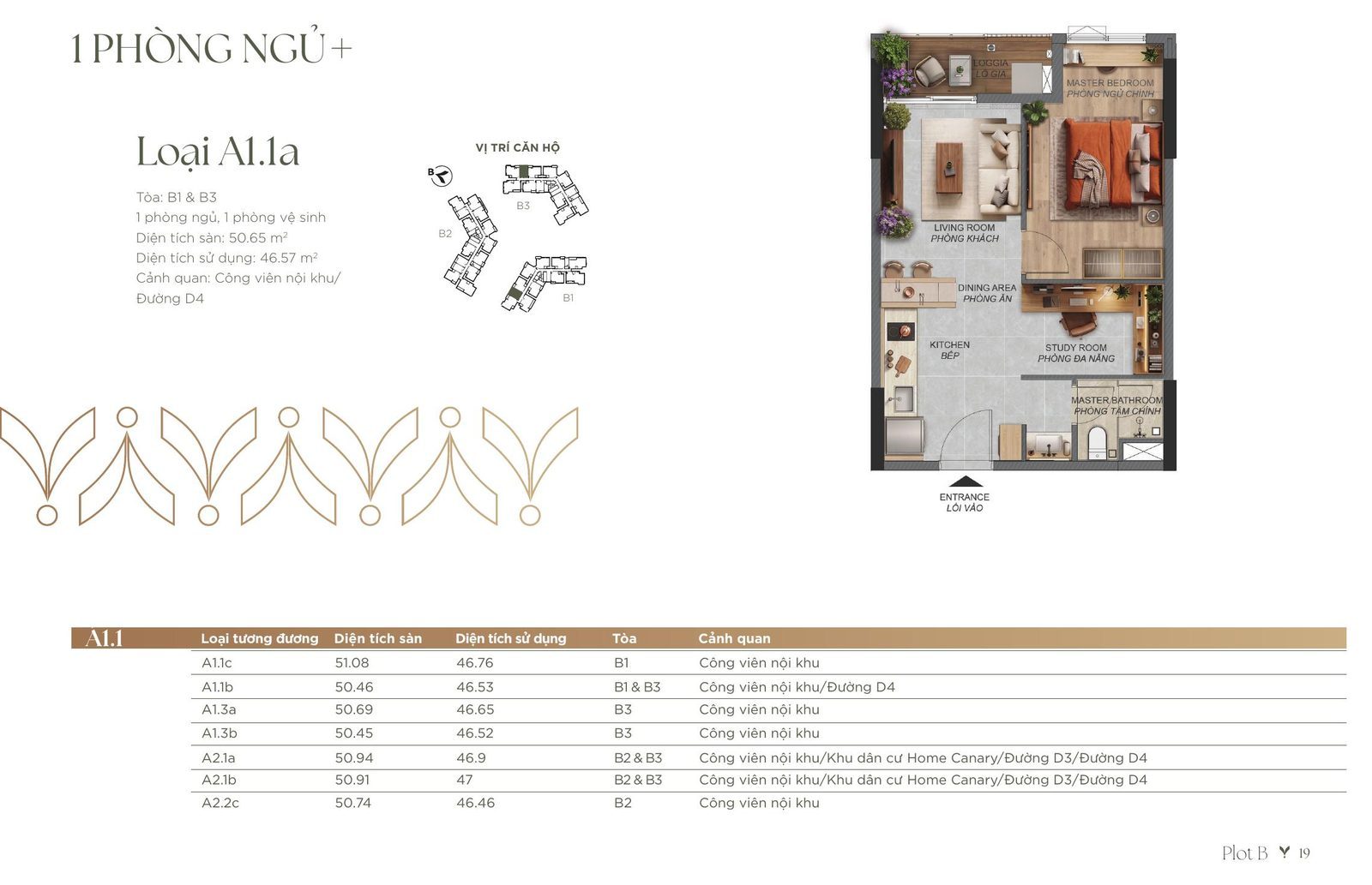 Mặt bằng căn 1 phòng ngủ+ A1.1a Norton Park, diện tích sàn 50,65 m²